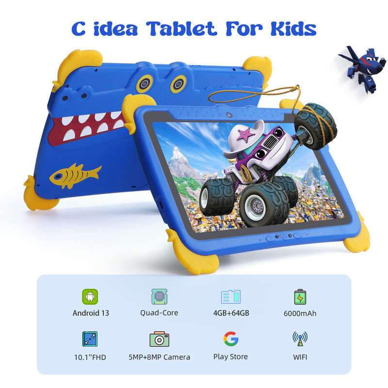 C Idea Kids Tab 10,1 дюйма Android 13 Tablet для детей 4 ГБ оперативной памяти 64 ГБ ROM для защиты глаз сенсорный экран для детей 3-8 лет