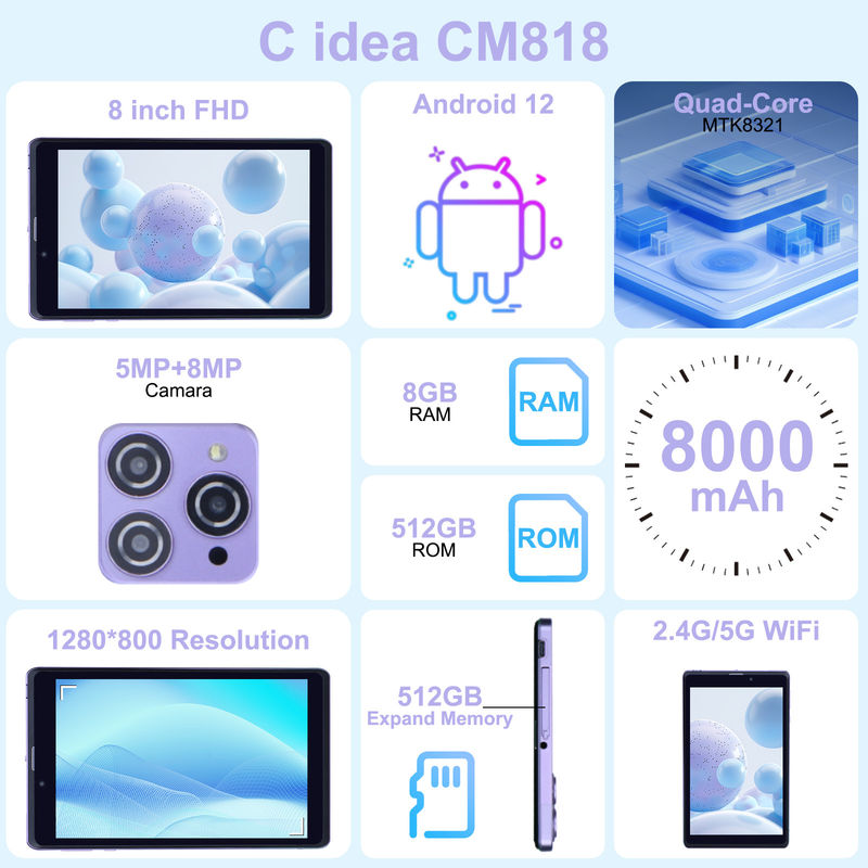 C Idea Portable 8 In Android Tablet PC 8 ГБ оперативной памяти 512 ГБ Android 12 Tablet IPS HD Дисплей четырехъядерный CM818-фиолетовый