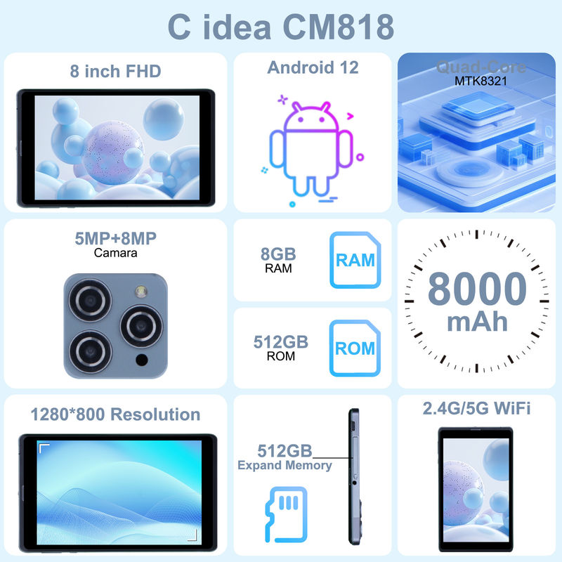 C идея Android планшетный ПК с двойной камерой 8 дюймов 1280x800 IPS HD дисплей Android 12 планшеты для студентов CM818-серый