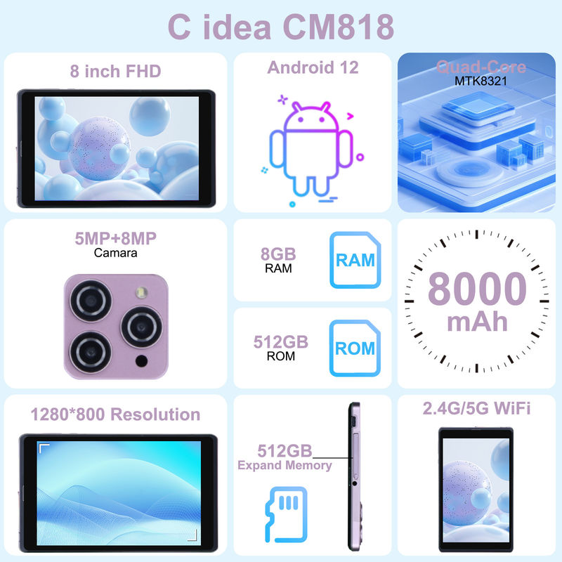 C Idea 8 дюймовый Android 12 Tablet 8000mAh Батарея 5+8MP Камера 8 ГБ ОЗУ 512 ГБ РОМ для обучения Учеба CM818-розовый