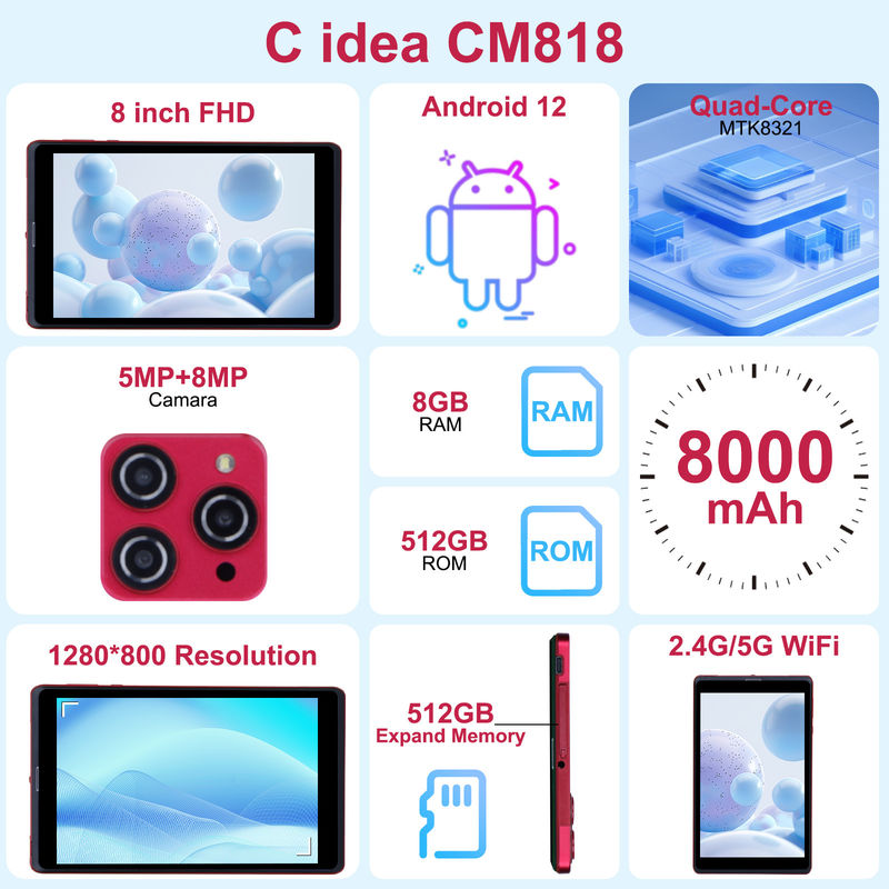 C Idea 8 дюймовый Android 12 Tablet 8 ГБ оперативной памяти 512 ГБ ROM 8000mAh батарея 5+8MP Камера для студента с поддержкой SIM CM818-красный