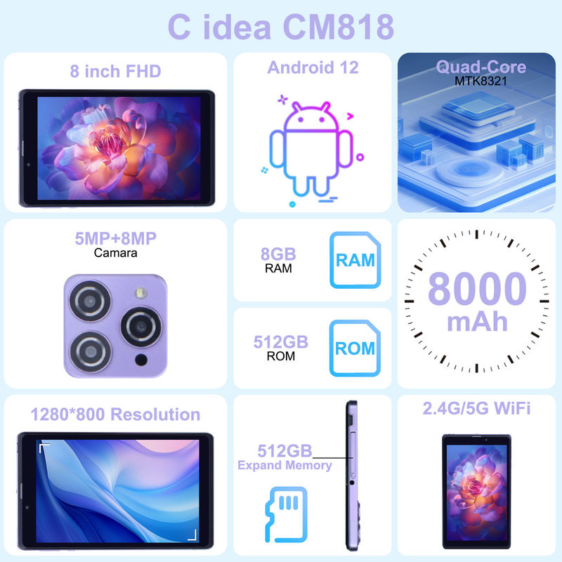 C Idea Portable 8 In Android Tablet PC 8 ГБ оперативной памяти 512 ГБ Android 12 Tablet IPS HD Дисплей четырехъядерный CM818-фиолетовый
