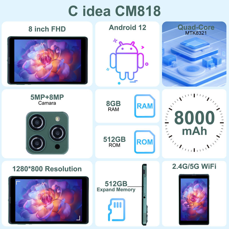 C idea Портативный 8-дюймовый Android планшетный ПК с Android 12 Quad Core CPU 8GB RAM 512GB Хранение IPS HD Дисплей CM818-Зелёный