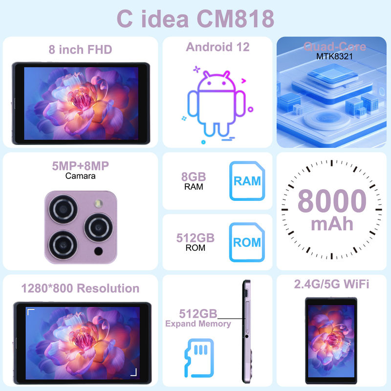 C Idea 8 дюймовый Android 12 планшет 8000mAh батарея 5MP+8MP Камера 8GB RAM 512GB ROM Для обучения обучения CM818-розовый