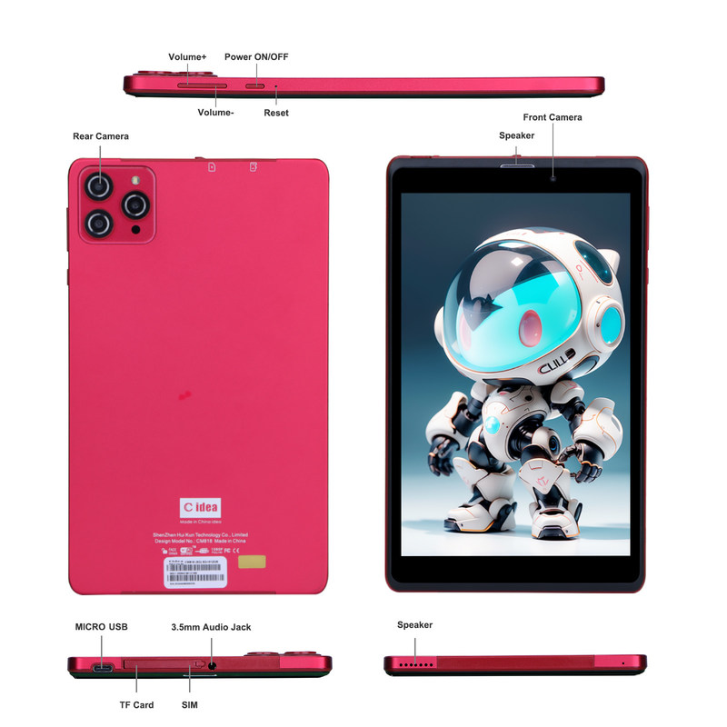 C Idea 8 дюймовый Android 12 Tablet 8GB RAM 512GB ROM 8000mAh Батарея 5+8MP Камера для подростков с поддержкой SIM-карты CM818-красный