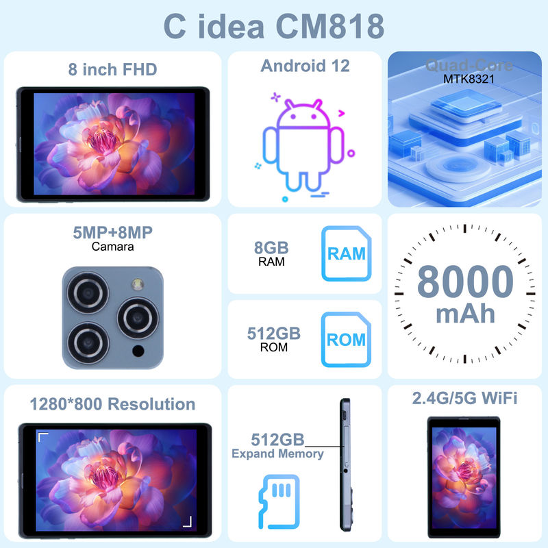 C идея Android планшетный ПК с двойной камерой 8 дюймов 1280x800 IPS HD дисплей Android 12 планшеты для подростков CM818-серый