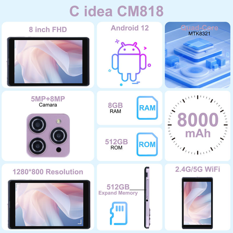 C Idea 8 дюймовый Android 12 Tablet 8000mAh Батарея 5+8MP Камера 8 ГБ ОЗУ 512 ГБ РОМ для обучения Учеба CM818-розовый