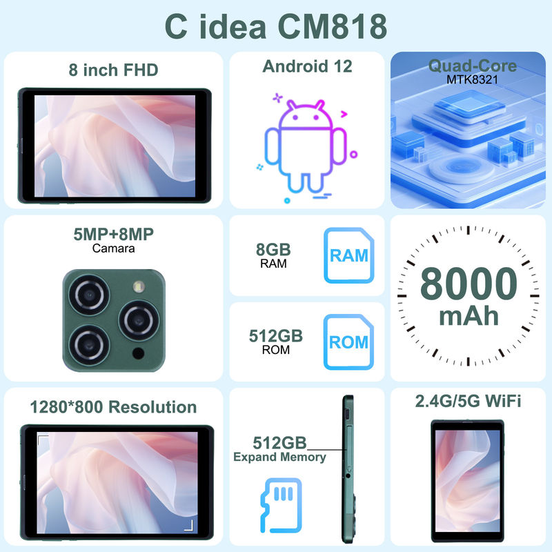 C идея 8 дюймовый Android планшетный ПК с Android 12 ОС Quad Core CPU 8 ГБ оперативной памяти 512 ГБ хранилище IPS HD дисплей CM818-Зелёный
