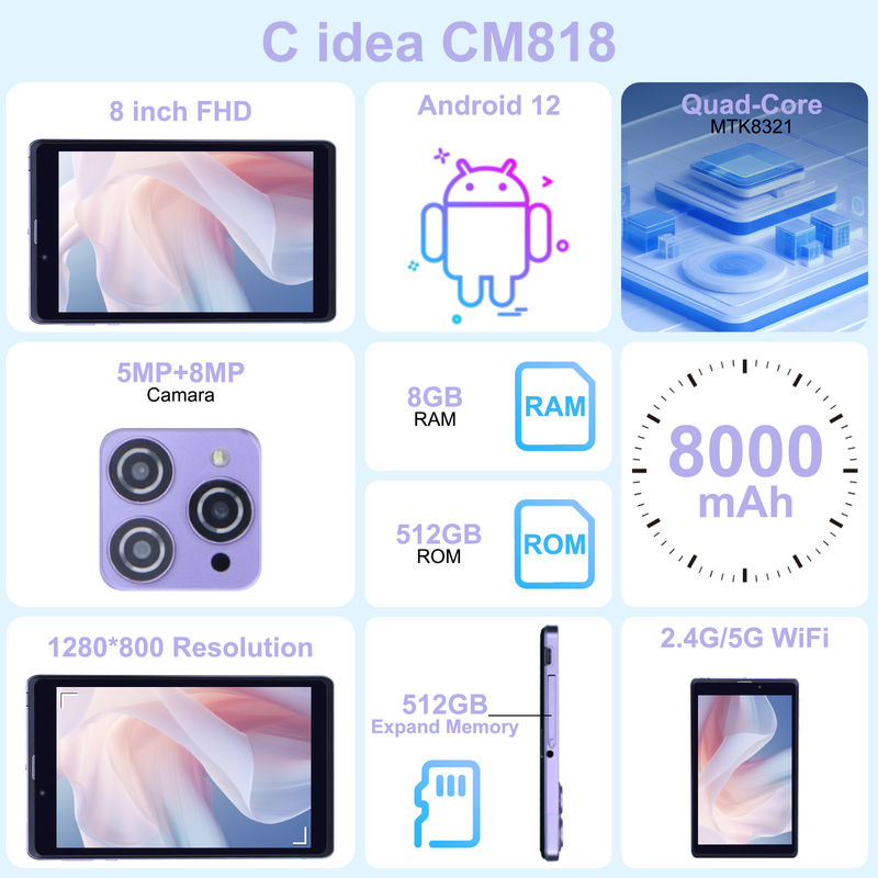 C Idea Portable 8 In Android Tablet PC 8 ГБ оперативной памяти 512 ГБ Android 12 Tablet IPS HD Дисплей четырехъядерный CM818-фиолетовый