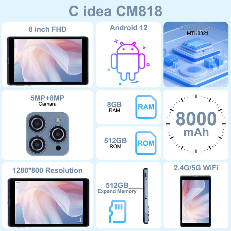 C идея Android планшетный ПК с двойной камерой 8 дюймов 1280x800 IPS HD дисплей Android 12 планшеты для студентов CM818-серый