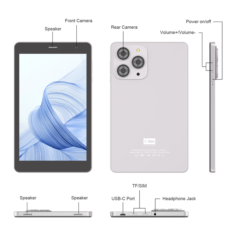 8-дюймовый планшет C idea с Wi-Fi, памятью 8+512 ГБ, четырехъядерным процессором, IPS-экраном 800x1280, сенсорным экраном, серебристый CM817 Pro