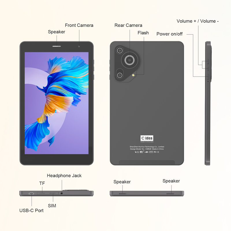 C Idea Youth 8 Inch Tablet Android 15 с черным световым экраном, Wi-Fi,8GB +512GB, 800*1280 IPS incell CM828