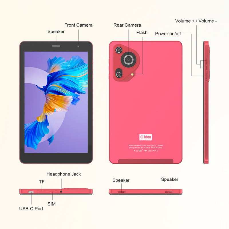 C идея Youth red 8 Inch Tablet Android 15 со слотом для карт tf, Wi-Fi,8GB +512GB, 800*1280 IPS incell CM828