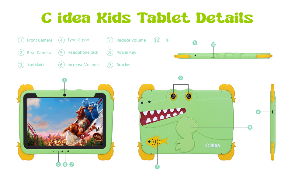 C Idea Kids Tab 10,1 дюйма Android 13 Tablet для детей 4 ГБ оперативной памяти 64 ГБ ROM для защиты глаз сенсорный экран для детей 3-8 лет